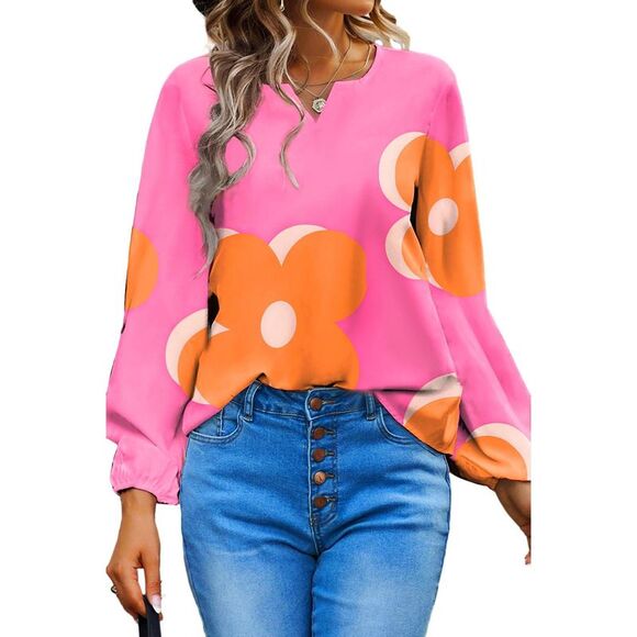 Azura Exchange  Bonbon Floral Print Notched V Neck Blouse - Picture 5 of 5